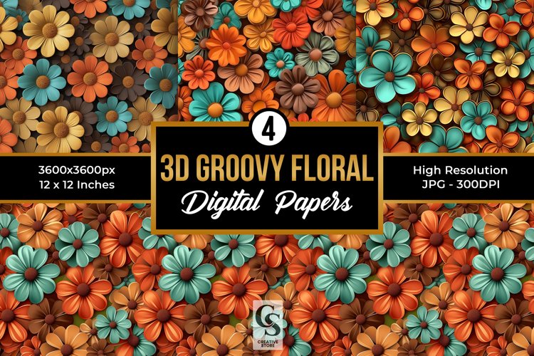 Groovy 3D Flowers Pattern Digital Papers