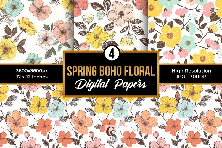 Spring Boho Flowers Pattern Digital Papers example image 1