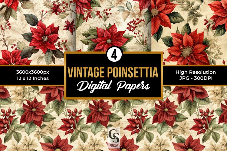 Vintage Poinsettia Flowers Digital Papers example image 1