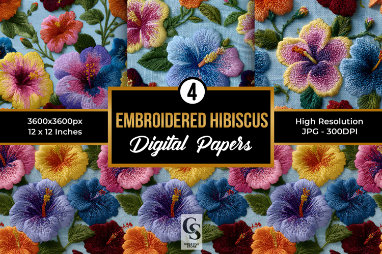 Pastel Embroidered Hibiscus Flowers Seamless Patterns