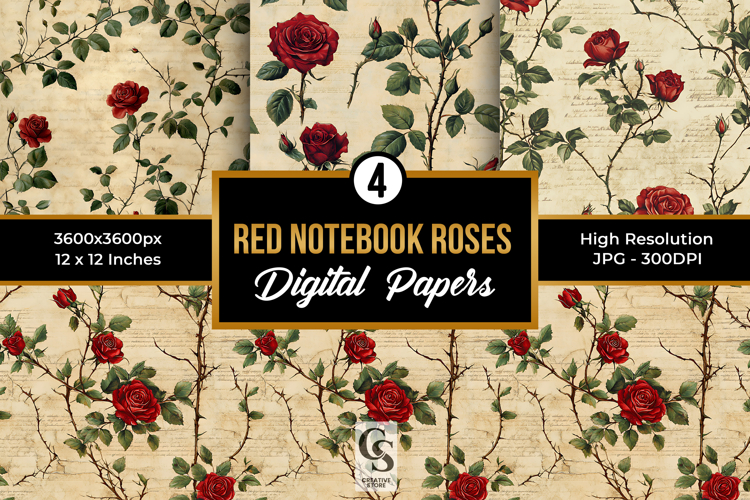 Red Notebook Roses Digital Papers