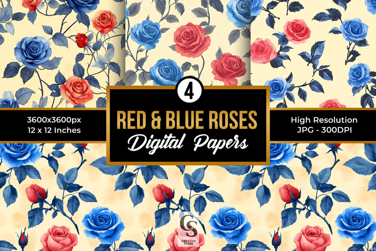 Red Blue Watercolor Roses Seamless Pattern