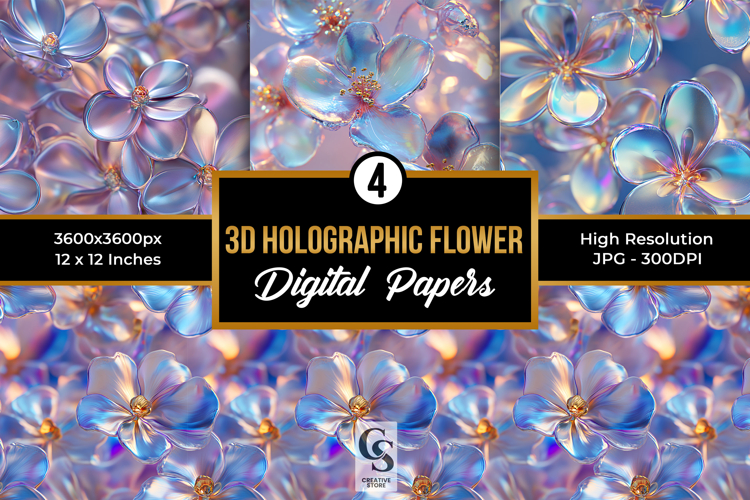 3D Holographic Flowers Seamless Patterns