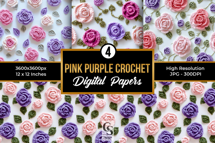 Pink and Purple Crochet Rose Floral Pattern