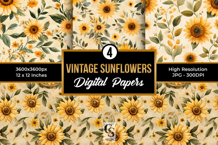 Vintage Watercolor Sunflowers Seamless Patterns