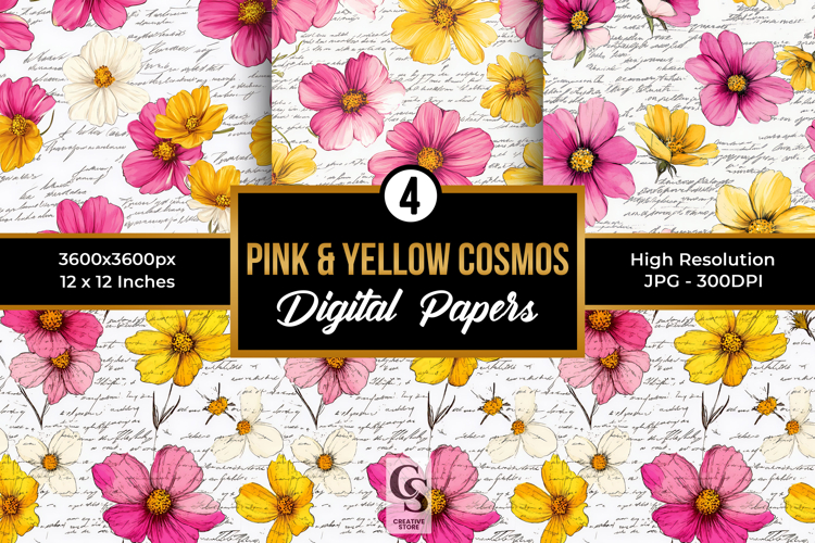 Pink and Yellow Cosmos Flowers Seamless Patterns