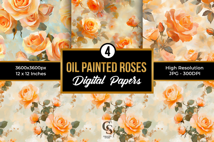 Oil Painted Orange Rose Flowers Seamless Pattern