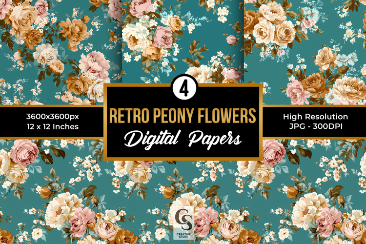 Retro Peony Flowers Seamless Patterns