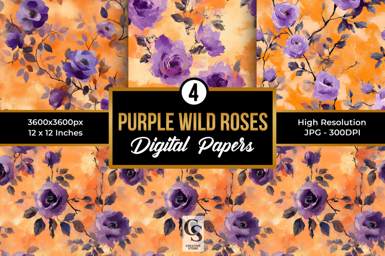 Purple Orange Watercolor Roses Seamless Pattern
