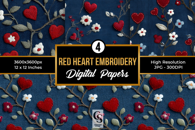 Patriotic Floral Hearts Embroidery Seamless Patterns
