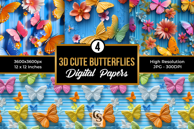 Colorful 3D Butterflies Seamless Patterns