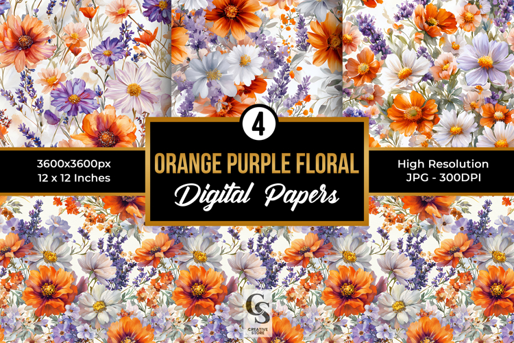 Purple Orange Watercolor Floral Bouquet Seamless Patterns