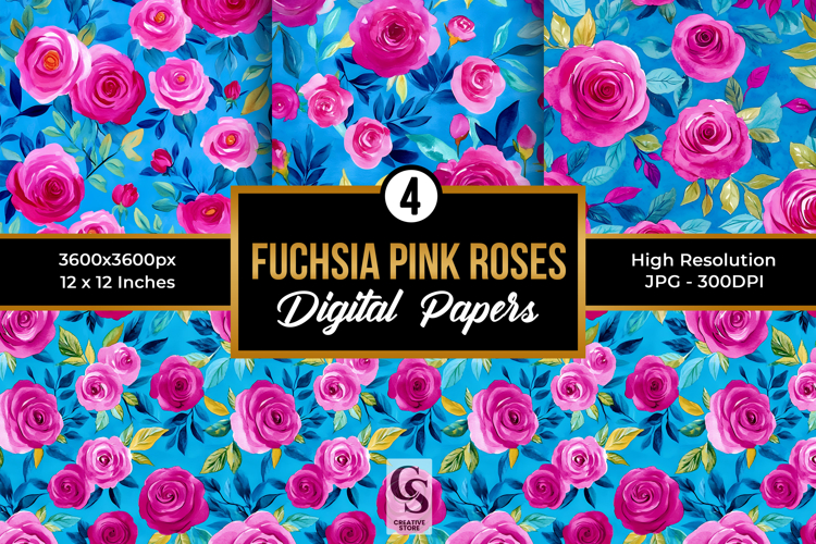 Fuchsia Pink Watercolor Roses Seamless Pattern
