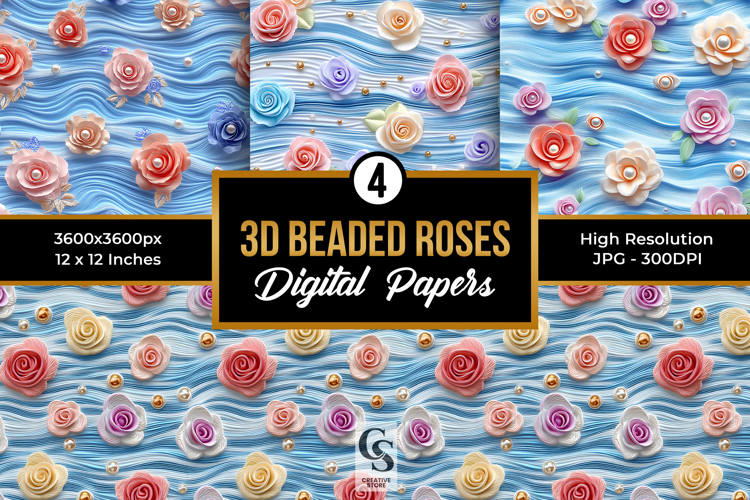3D Pastel Beaded Roses Seamless Patterns