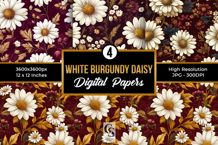 Burgundy White Daisy Flowers Seamless Patterns