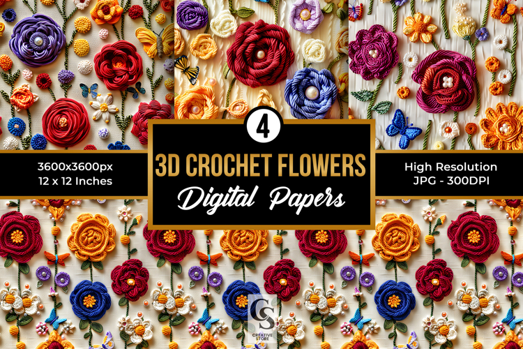 3D Beaded Crochet Flowers Seamless Patterns