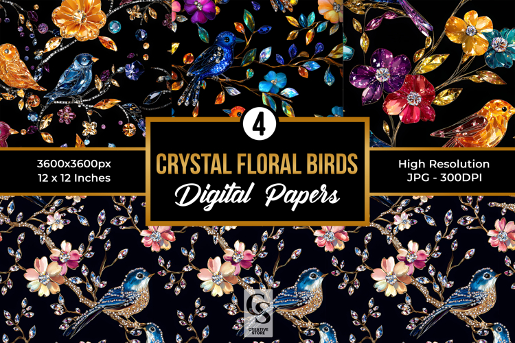 Crystal Floral Birds Digital Papers