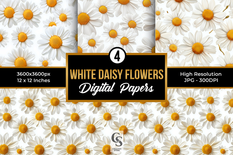 White Daisy Flowers Digital Paper Patterns