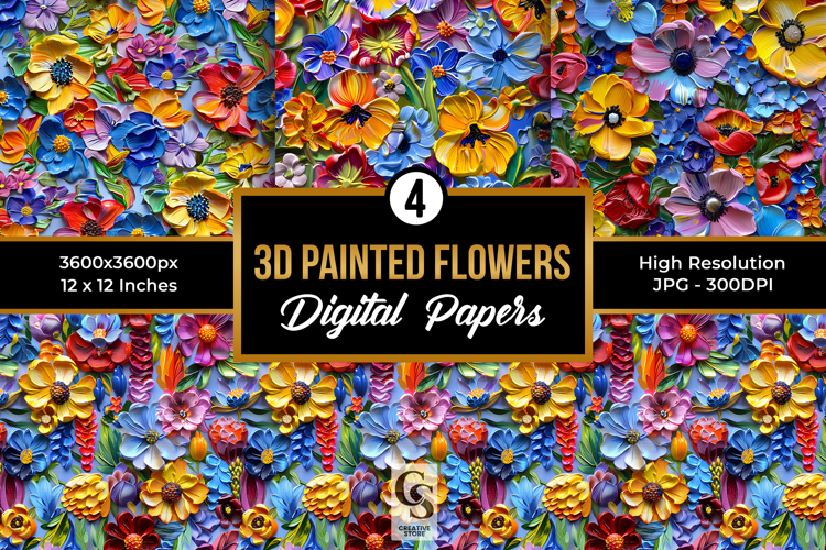 Colorful 3D Painted Flowers Seamless Patterns