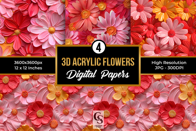 3D Acrylic Paint Flowers Seamless Patterns