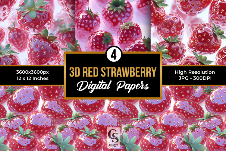3D Transparent Red Strawberries Seamless Patterns