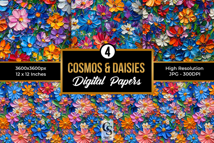Impasto Painted Cosmos & Daisy Flowers Patterns