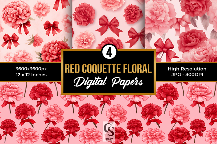 Red Coquette & Floral Seamless Pattern Included 12 Digital P