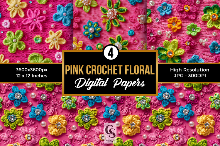 Pink Summer Crochet Flowers Digital Paper