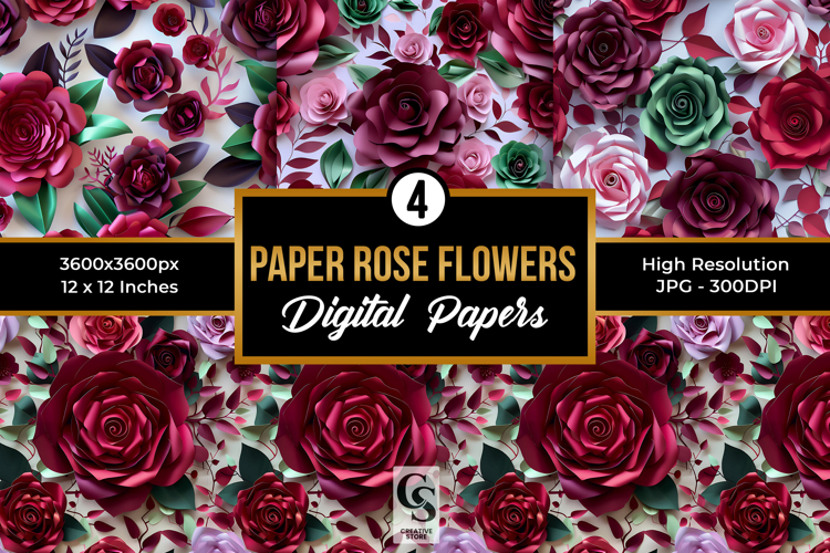 Paper Rose Flowers Seamless Patterns