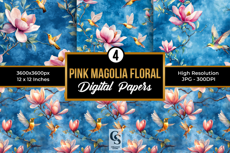 Pink Magnolia Flowers and Birds Seamless Pattern