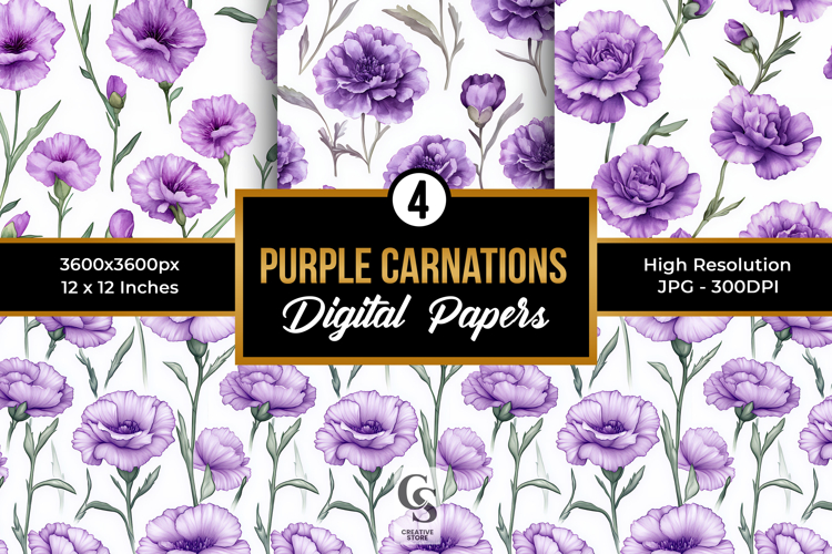 Purple Watercolor Carnation Seamless Pattern
