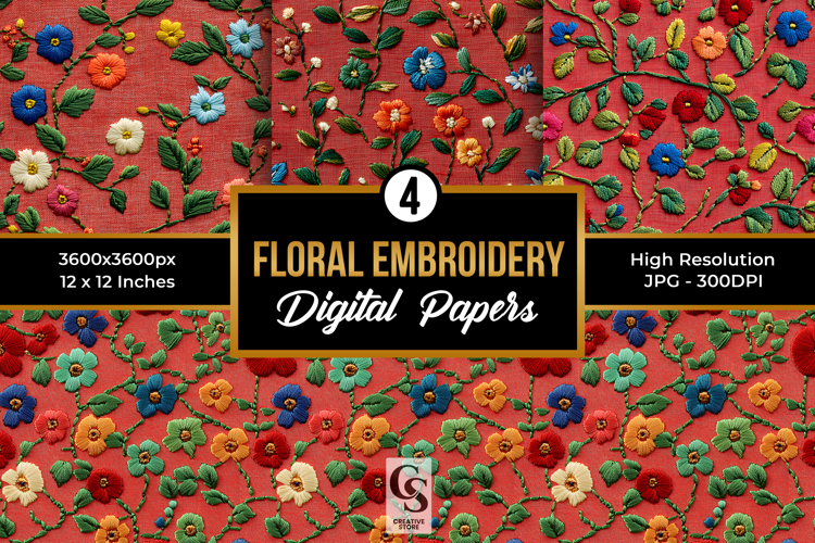 Red   Green Embroidery Flowers Digital Paper