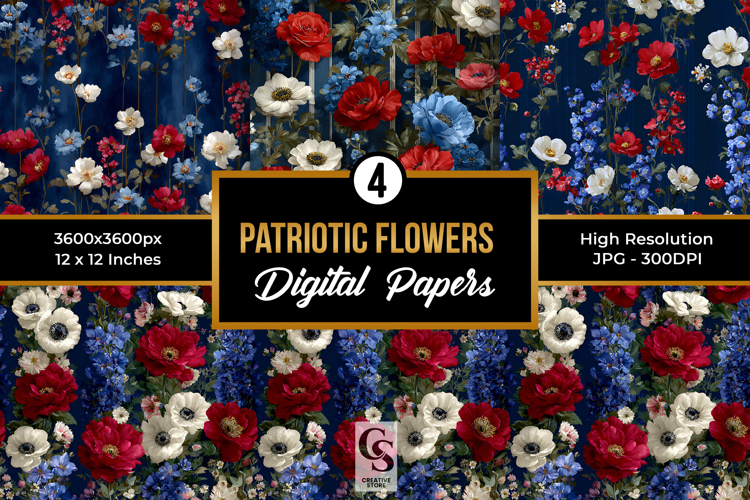 Bold American Patriotic Flowers Seamless Patterns