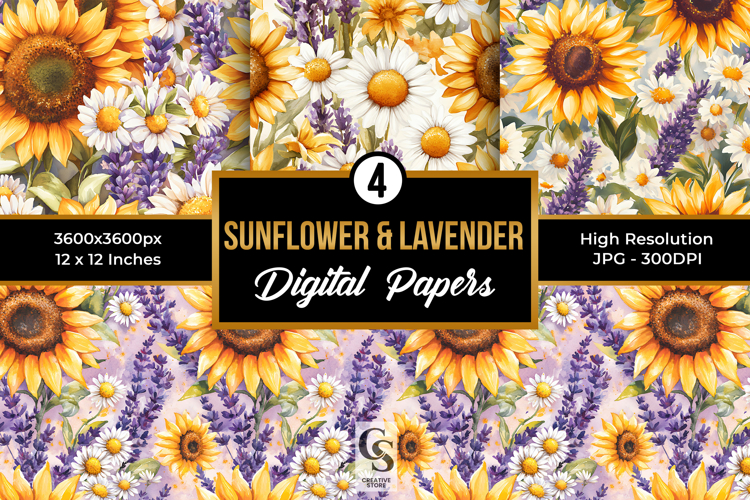 Summer Watercolor Sunflowers & Lavender Floral Patterns