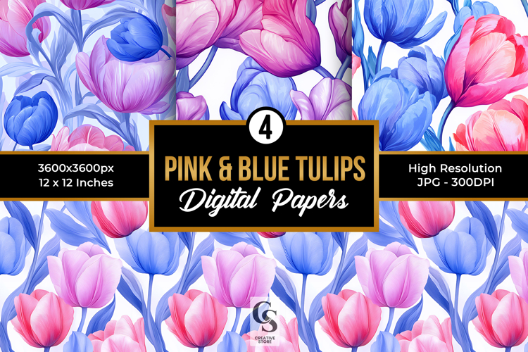 Pink and Blue Tulip Flowers Seamless Patterns