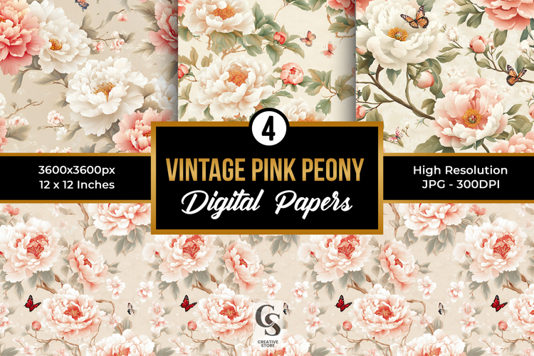 Vintage Pink Peony Flowers Seamless Patterns