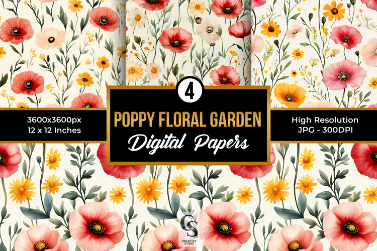 Poppy Watercolor Flowers Seamless Patterns