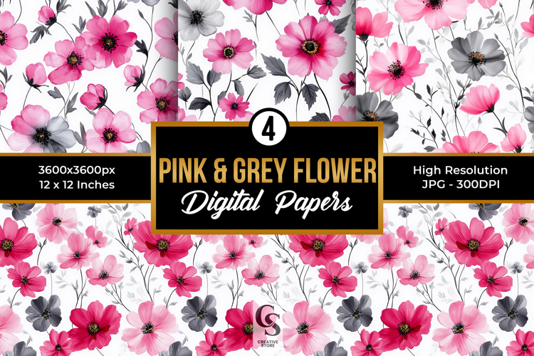Pink Grey Watercolor Flowers Seamless Patterns