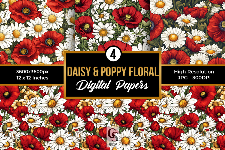 Daisy & Poppy Flowers Seamless Patterns