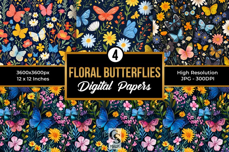 Spring Floral Butterflies Digital Paper Patterns example image 1