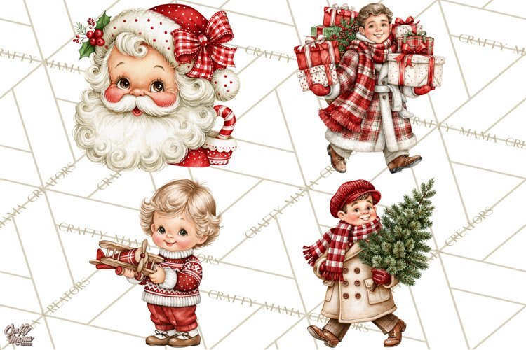 Vintage 1950s Christmas Clipart, Retro Santa Characters PNG example image 1