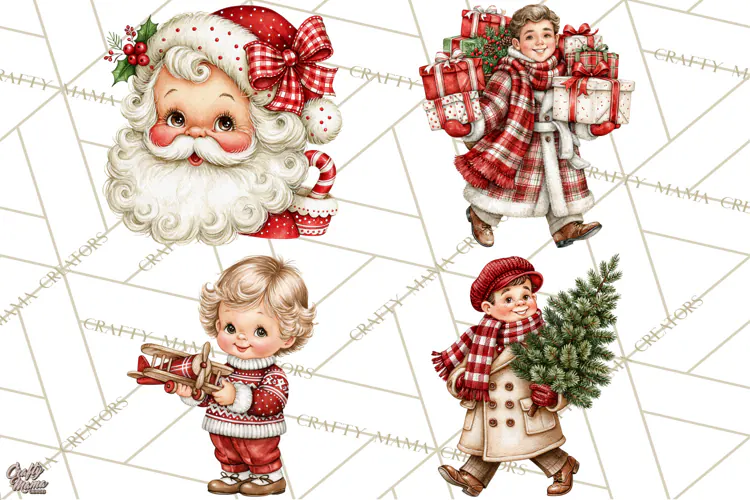 Vintage 1950s Christmas Clipart, Retro Santa Characters PNG