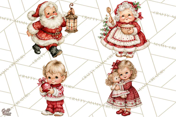 Vintage 1950s Christmas Clipart, Retro Santa Characters PNG