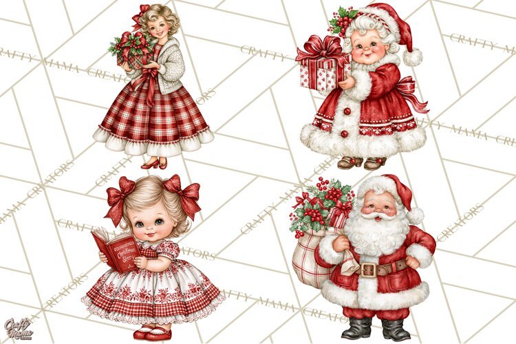 Vintage 1950s Christmas Clipart, Retro Santa Characters PNG example image 1
