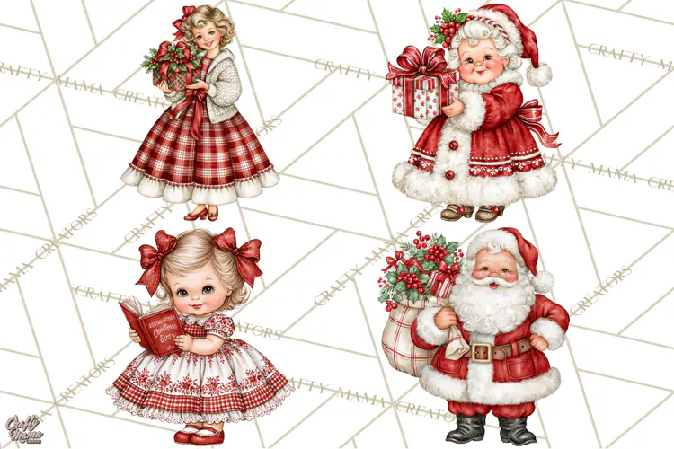 Vintage 1950s Christmas Clipart, Retro Santa Characters PNG