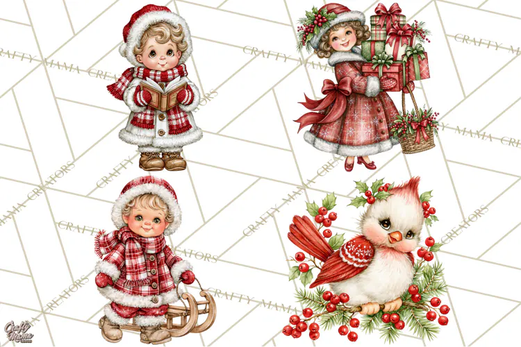 Vintage 1950s Christmas Clipart, Retro Santa Characters PNG