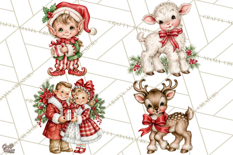 Vintage 1950s Christmas Clipart, Retro Santa Characters PNG