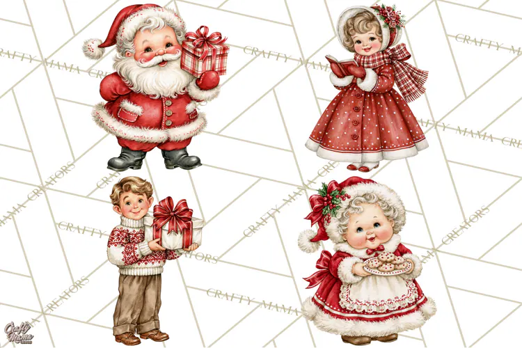 Vintage 1950s Christmas Clipart, Retro Santa Characters PNG