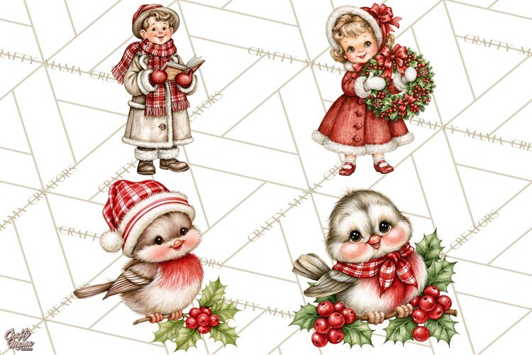 Vintage 1950s Christmas Clipart, Retro Santa Characters PNG example image 1