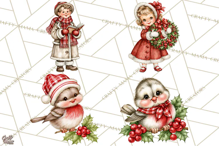Vintage 1950s Christmas Clipart, Retro Santa Characters PNG